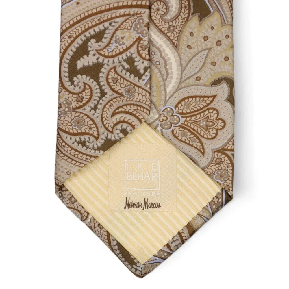 New IKE Behar 100% Silk Neck Tie Tan Blue Paisley Print Woven Made in USA NWT - Picture 4 of 8